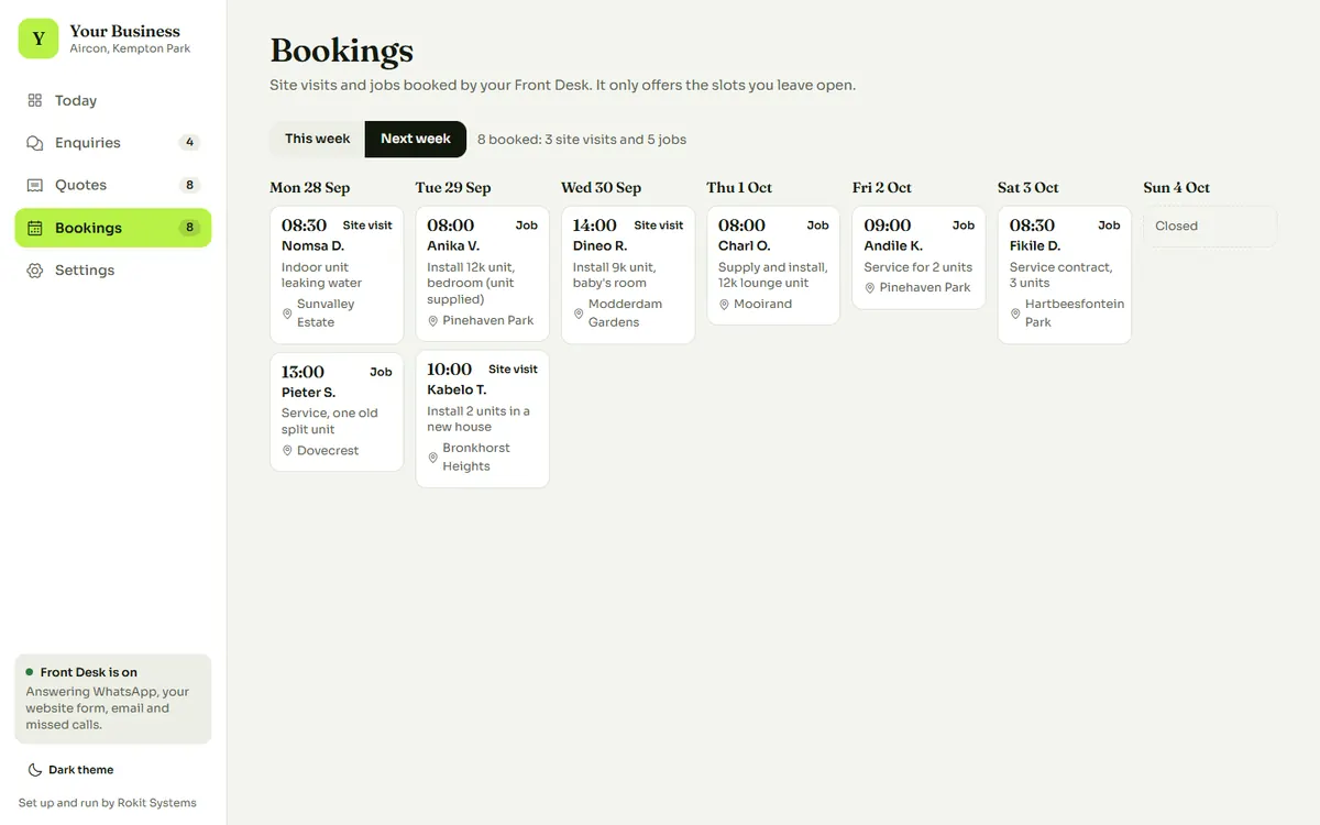 Sample data: the Bookings view on a desktop, showing site visits and jobs booked by the week.