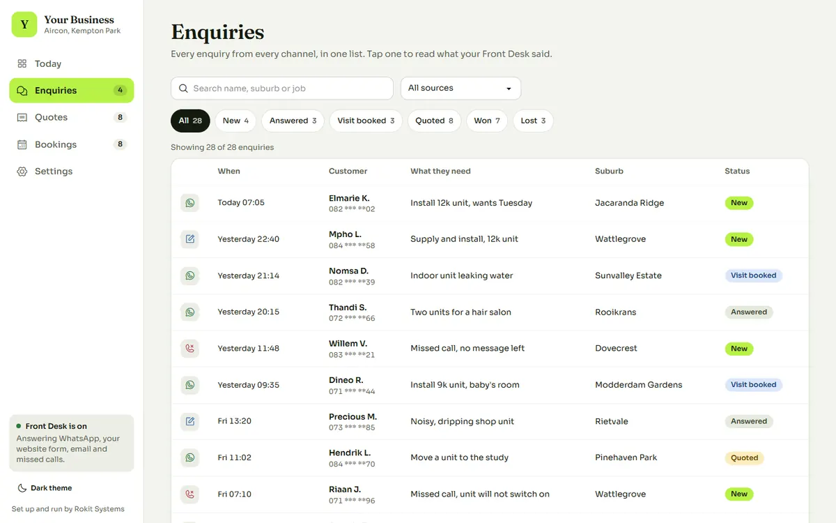 Sample data: the Enquiries view on a desktop, a single list of every enquiry from WhatsApp, the website form and email.