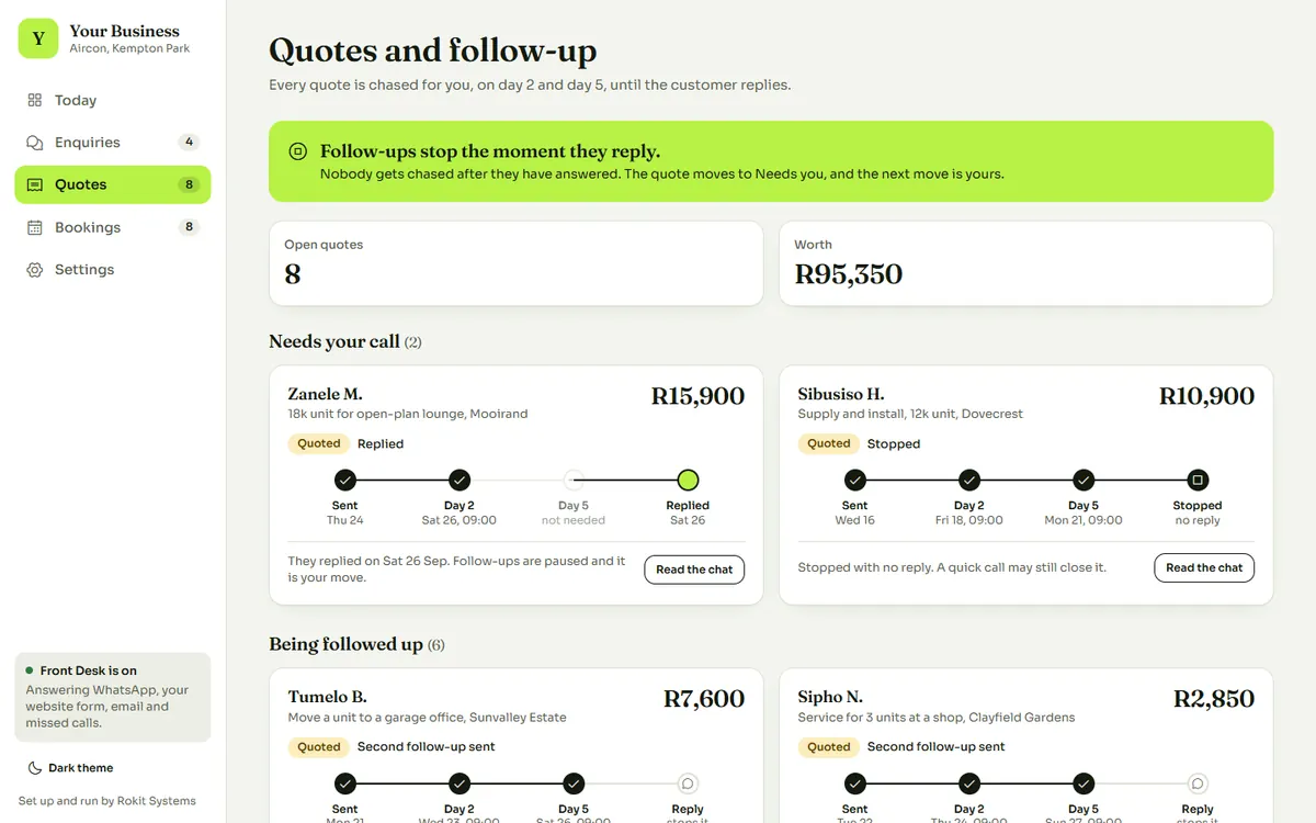 Sample data: the Quotes view on a desktop, showing each quote with its follow-up steps on day 2 and day 5.