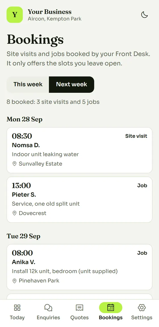 Sample data: the Bookings view on a phone, showing booked site visits and jobs.
