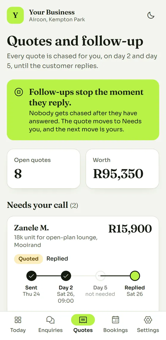Sample data: the Quotes view on a phone, showing follow-up steps.